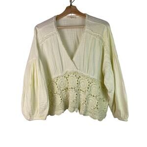 Lucky Brand Women's Size XL Yellow Green Gauzy Cotton Crochet Boxy Crop Top